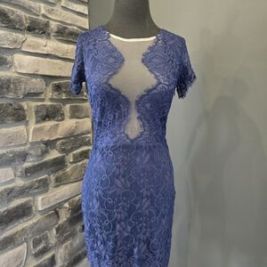 Storia Royal Blue Lace Midi Dress with Illusion Neckline